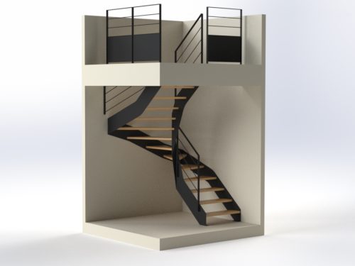 Modélisation 3D d'un escalier de GC METAL, spécialisé en métallerie, soudure, tuyauterie et chaudronnerie.